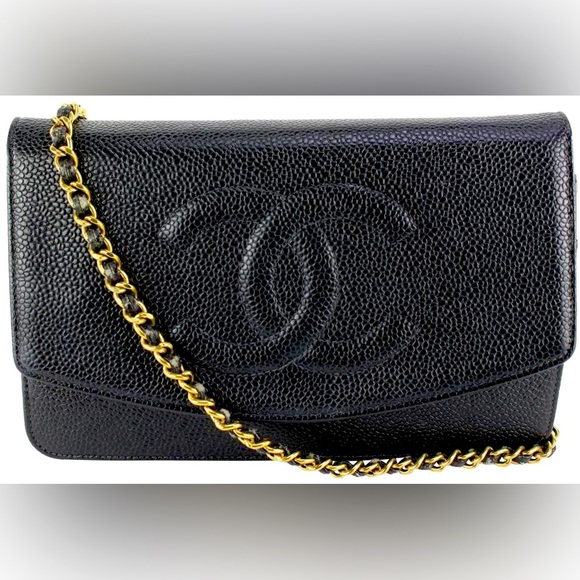 Chanel Timeless Wallet on Chain Cc Logo Woc Black Caviar Leather Cross Body Bag - Picture 1 of 8